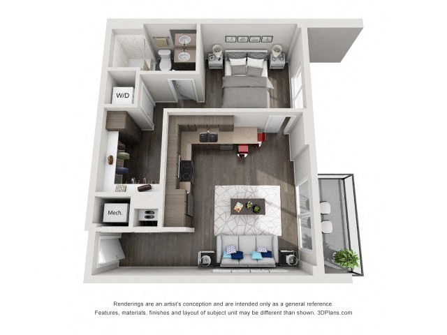 Floor plan for studio, 1 bath, 653 sqft